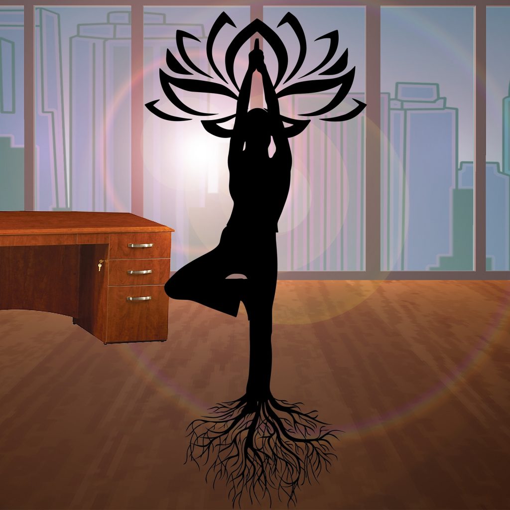 Silhouette of a person doing yoga tree pose with roots, against an office window backdrop.