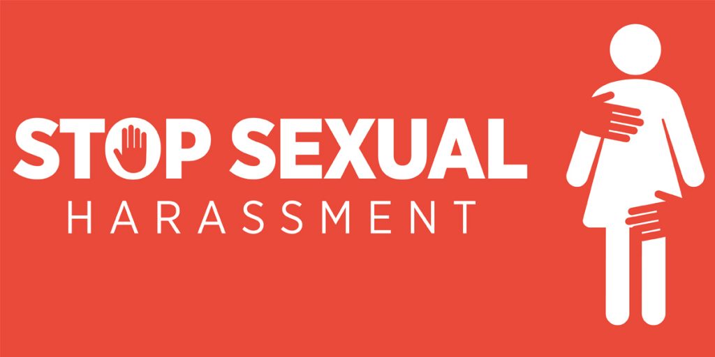 Red banner with icon for 'Stop Sexual Harassment' in white.