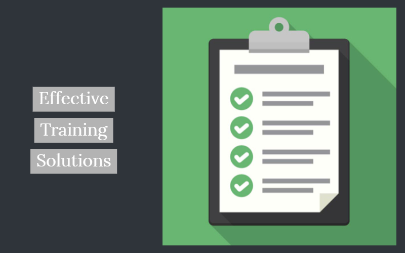 Icon of a clipboard with check marks signifying completion on a green background with 'Effective Training Solutions' text.