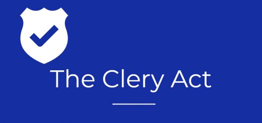 Icon for The Clery Act on a blue background with checkmark shield symbol.
